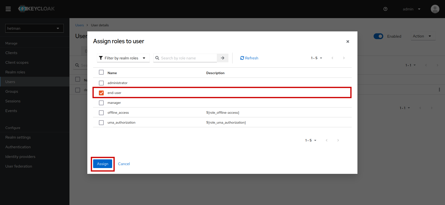 Create Hetman user - role