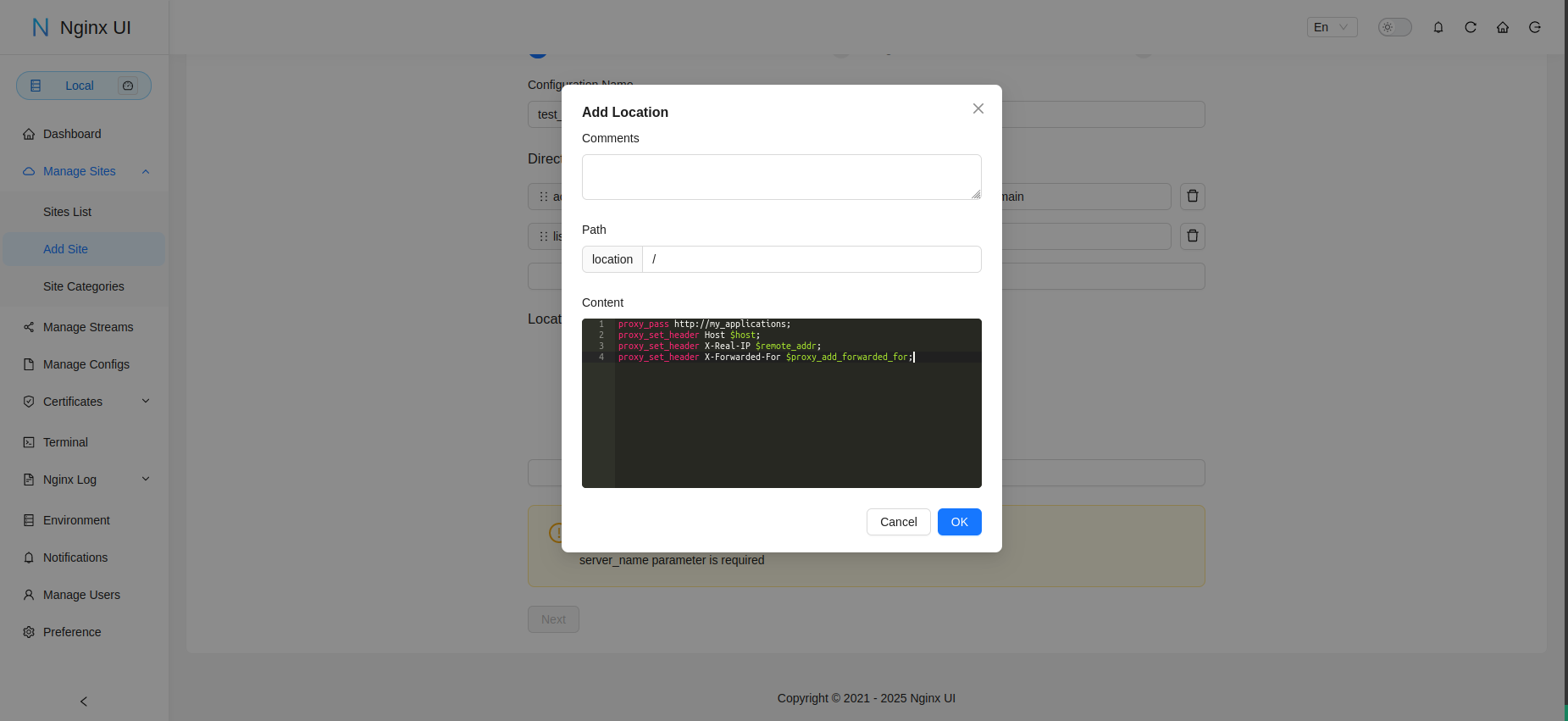 Web GUI Example Location
