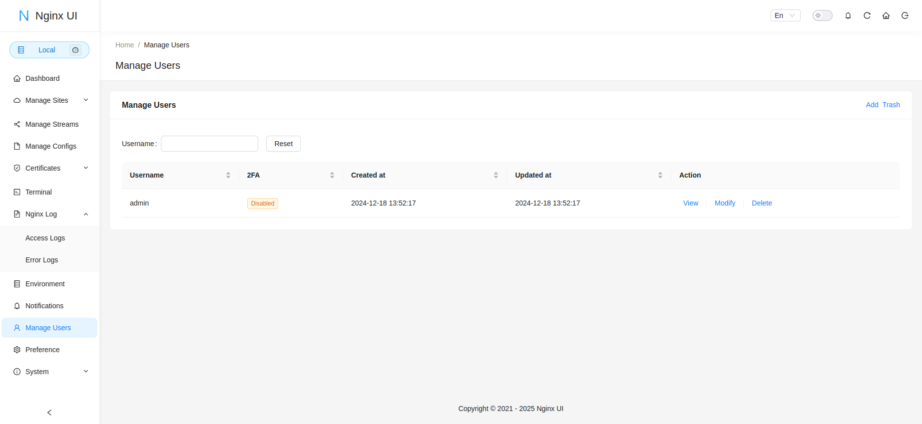 Web GUI Manage Users