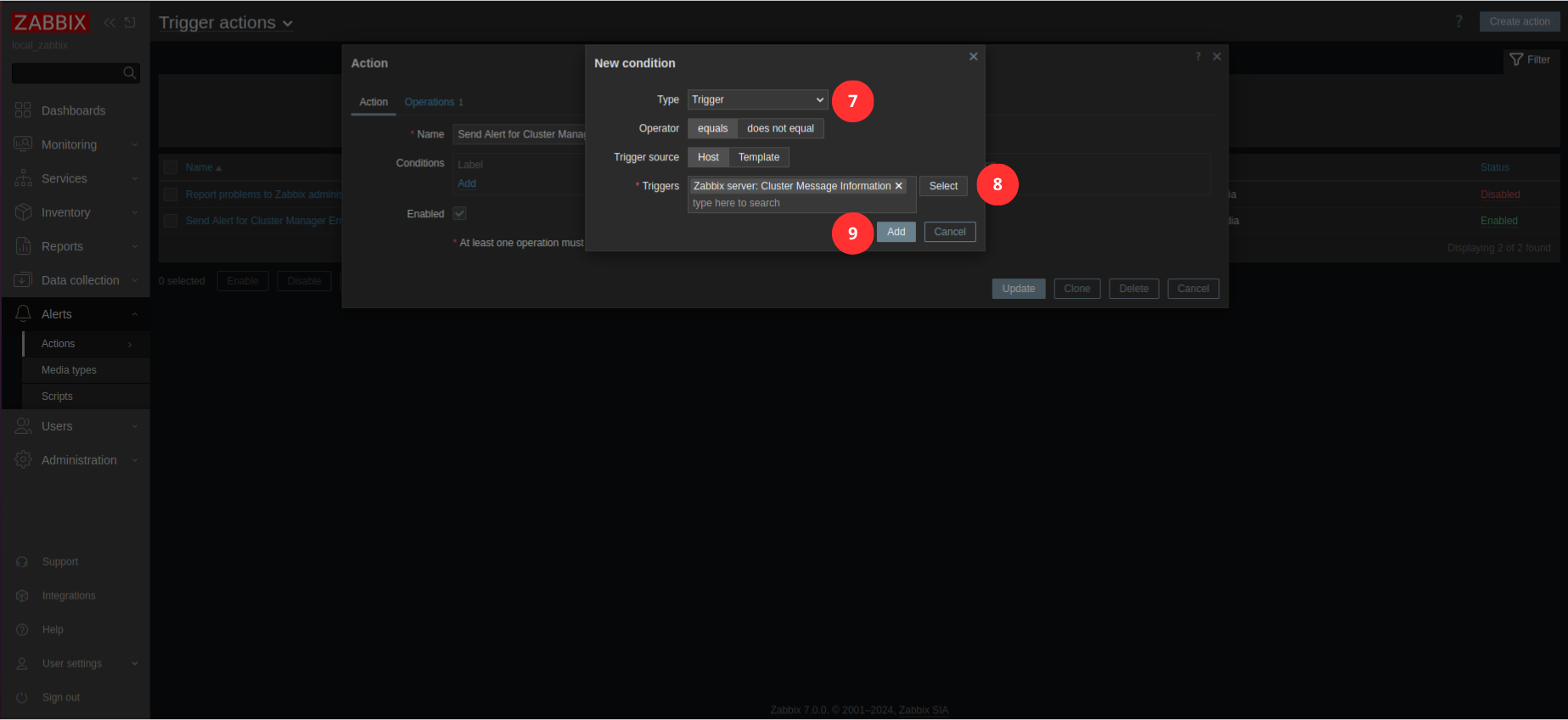 Create trigger action (alert) - steps 7-9