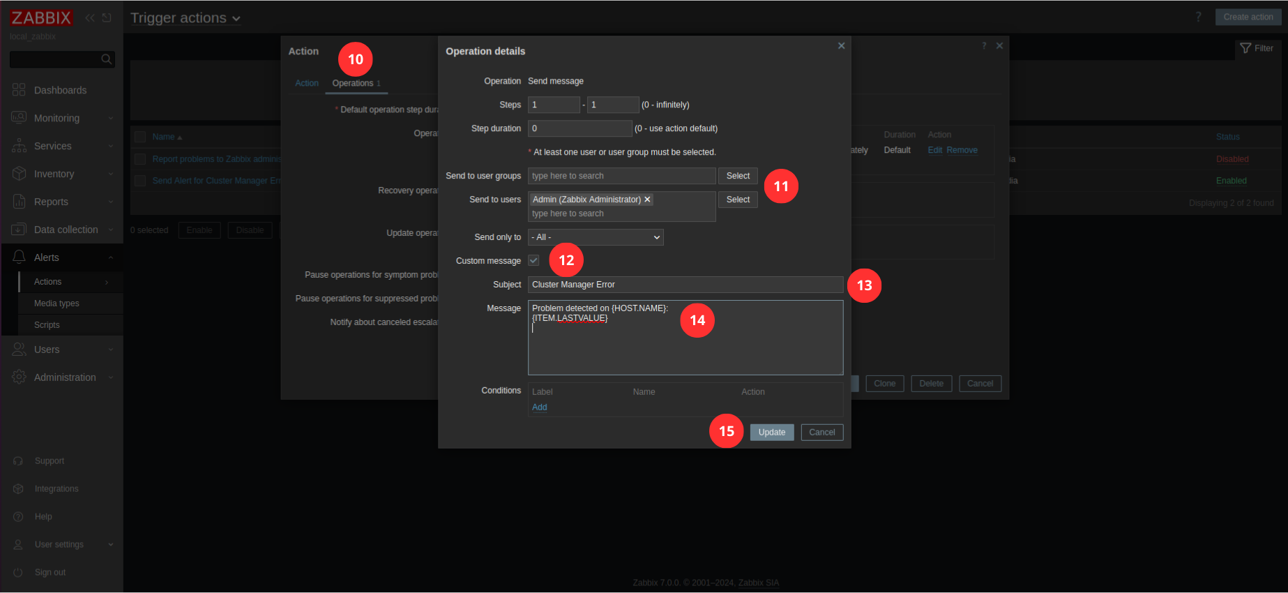 Create trigger action (alert) - steps 10-15