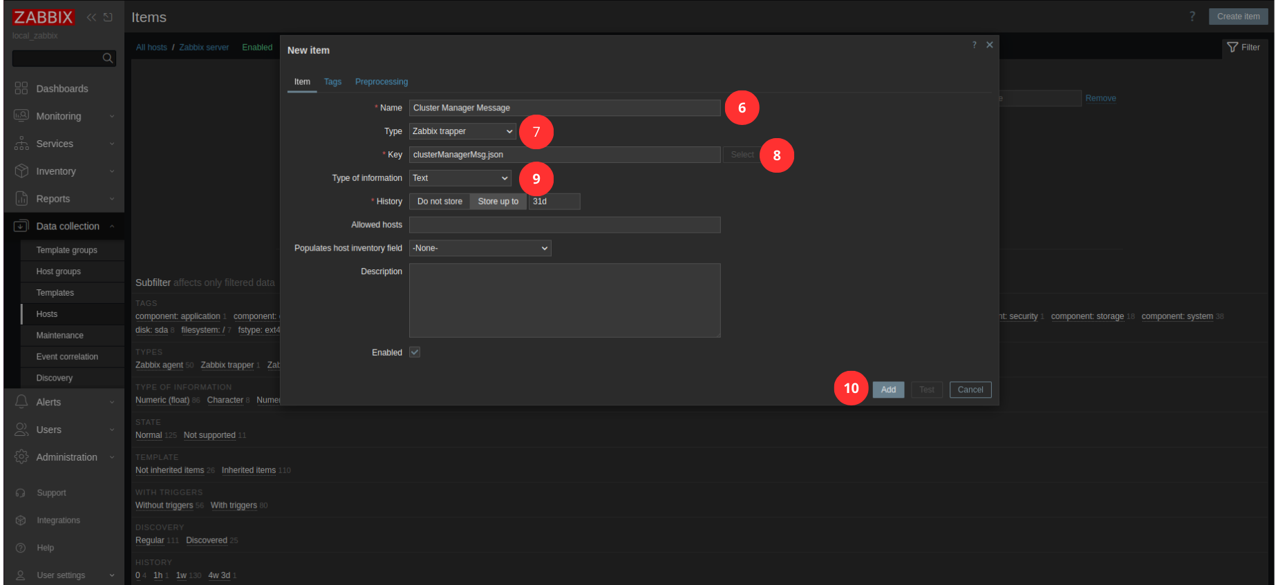 Create Zabbix trapper item - steps 6-10